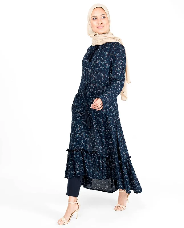 Floral Inverted Pleat Gauze Navy Midi Dress British Gentlewoman Style