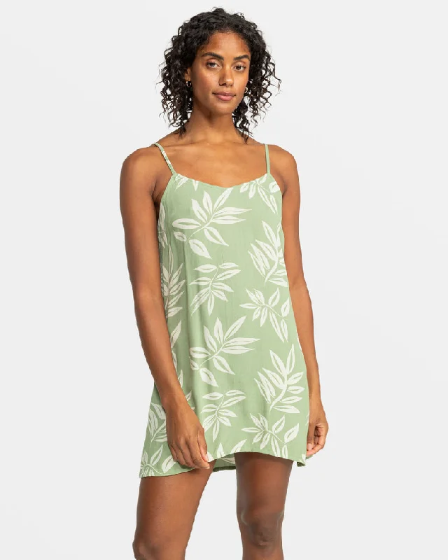 Roxy Shine A Light Printed Dress-Oil Green Leavin Sleek Women's Metallic